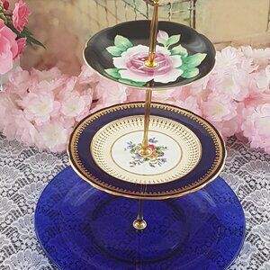 Handmade 3 Tier Blue Glass & Ceramic Cake Stand Housewarming Christmas Gift